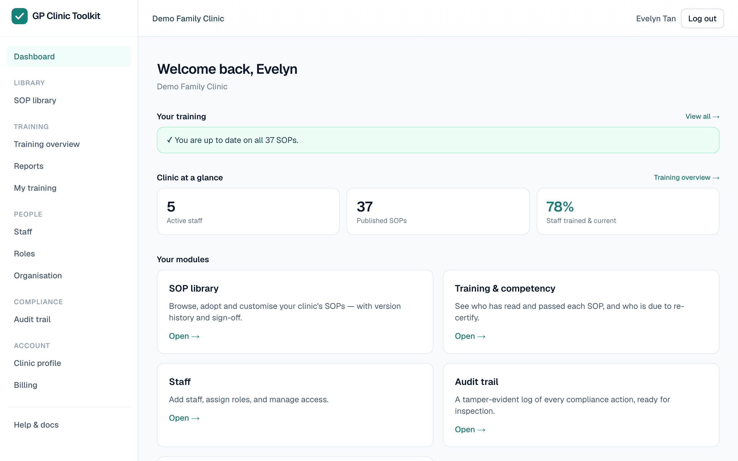The GP Clinic Toolkit dashboard showing training status and a clinic overview