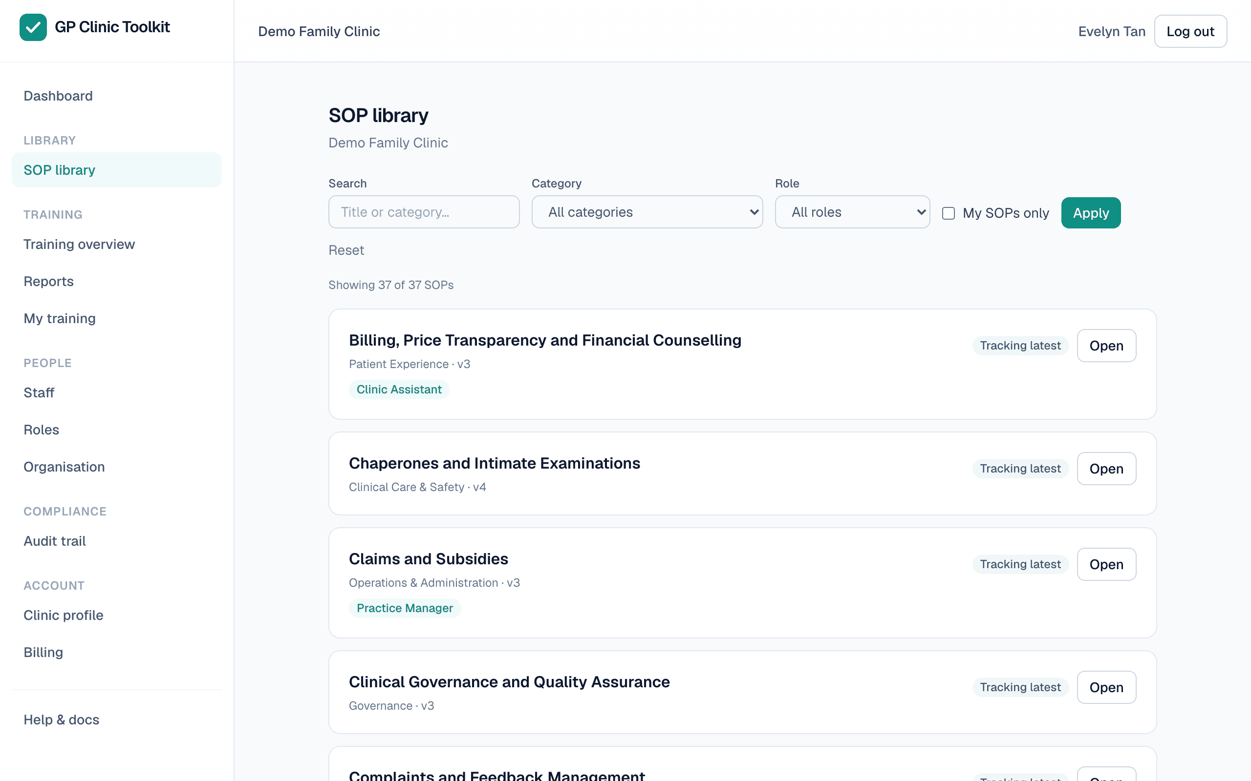 Your SOP library — adopt, customise and track every version.