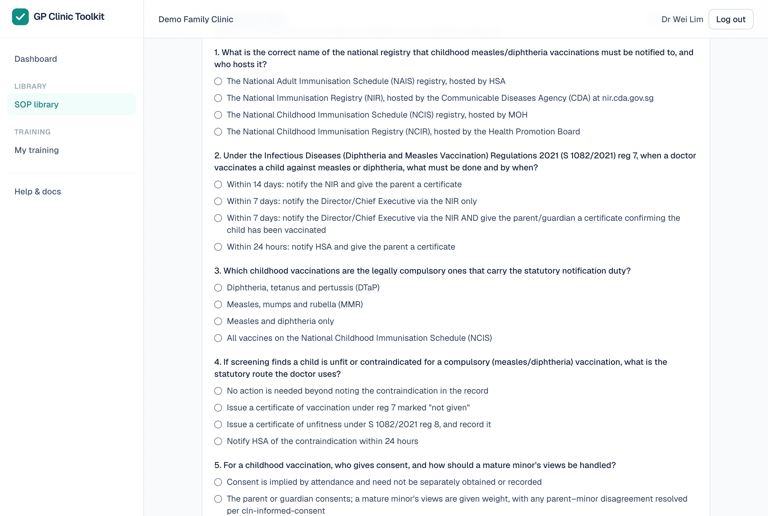 Knowledge checks that record who has understood each SOP.